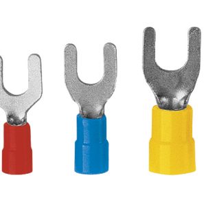 Spade terminal with insulation, made with galvanically tinned copper for cables cross section 0,5 to 10mm2 and screws sizes 3 to 8